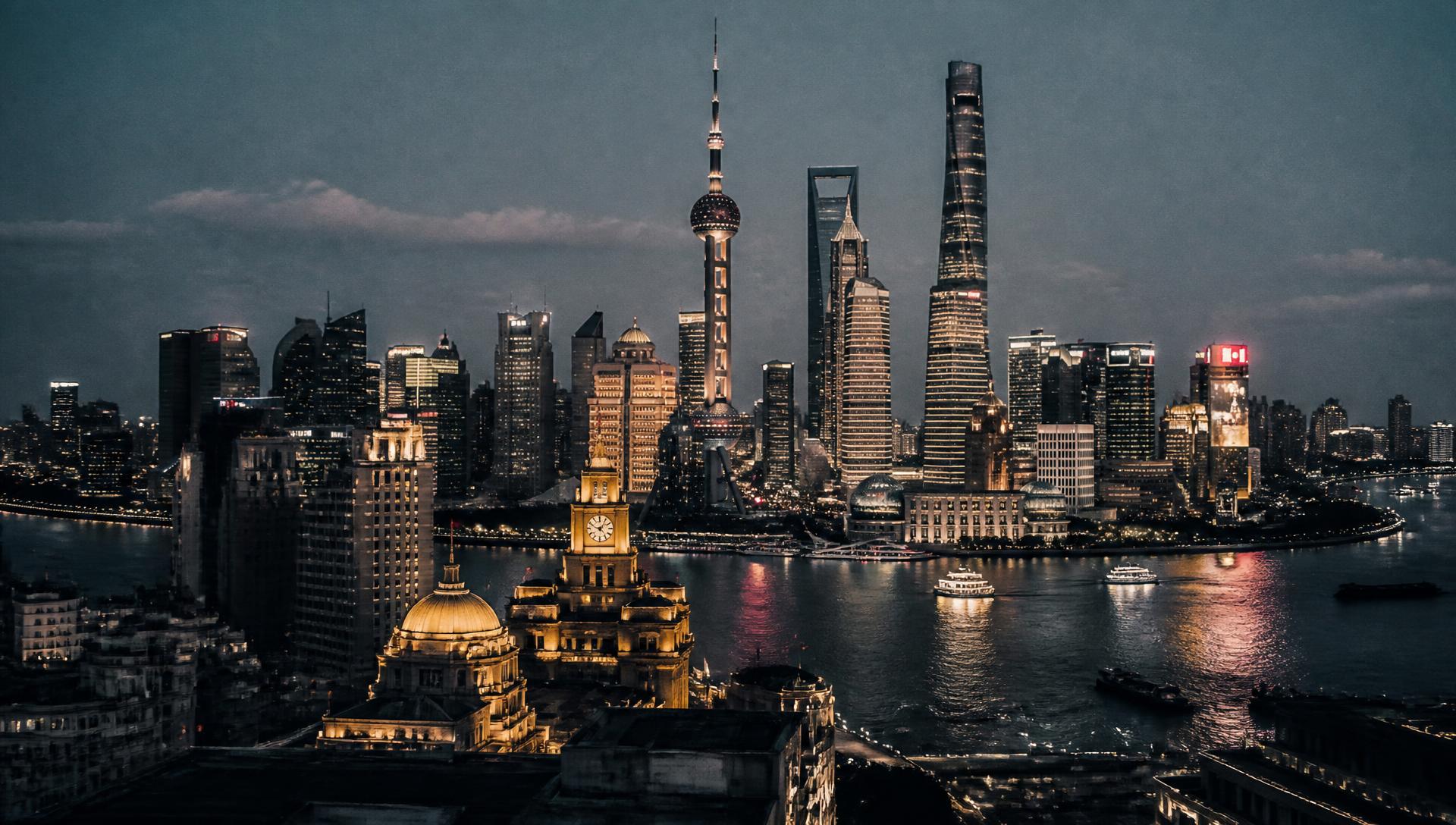 The Bund and Pudong skyline at blue hour over the Huangpu river