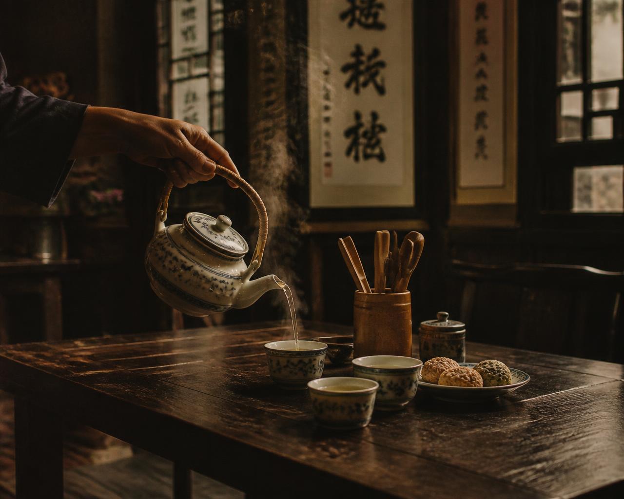 Traditional Chinese teahouse interior with a teapot pouring tea